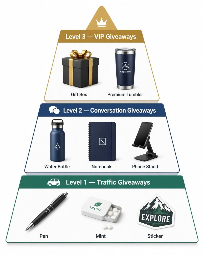 3 levels of trade show booth giveaways 